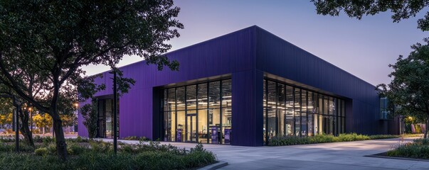 A contemporary dark violet exterior architectural firm, renowned for its sustainable and innovative building designs, located in a modern business district