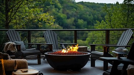 A cozy outdoor fire pit on a wooden deck with chairs and a blanket overlooking a lush green forest.