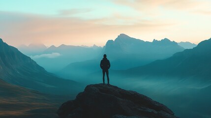 Silhouette on a rock in front of the vastness of the mountainous landscape
