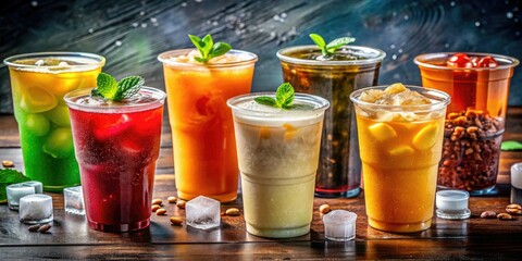 Refreshing drinks feature iced coffee, tea, and frozen treats in vibrant cups, adorned with condensation droplets that glisten in the light.