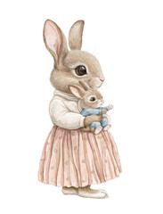 Watercolor vintage cute bunny rabbit mom mother in dress holding little baby rabbit hare isolated on white background. Hand drawn illustration sketch