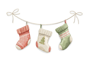 Watercolor set with three knitted winter Christmas stockings with various traditional colorful holiday ornaments hanging on rope isolated on white background. Hand drawn illustration sketch