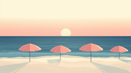 Serene Sunset at the Beach with Pastel Pink Umbrellas