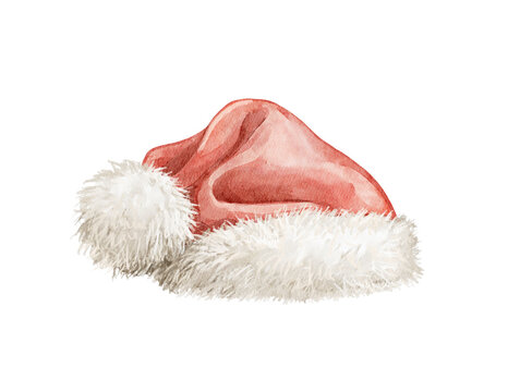 Watercolor vintage Christmas fur red hat cap santa claus costume isolated on white background. Hand drawn illustration sketch
