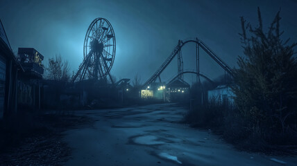 An empty, abandoned theme park at night, creaking rides and brok