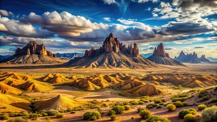 Rugged desert peaks majestically rise from the sandy canvas, a dramatic finale to a vast, arid wilderness stretching as far as the eye can see.