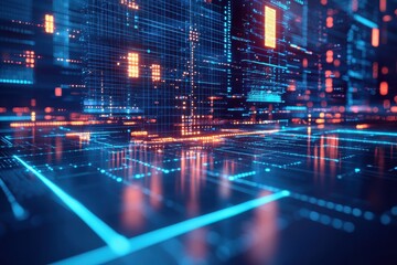 Futuristic cityscape with glowing digital architecture and neon lights. Abstract technology background.
