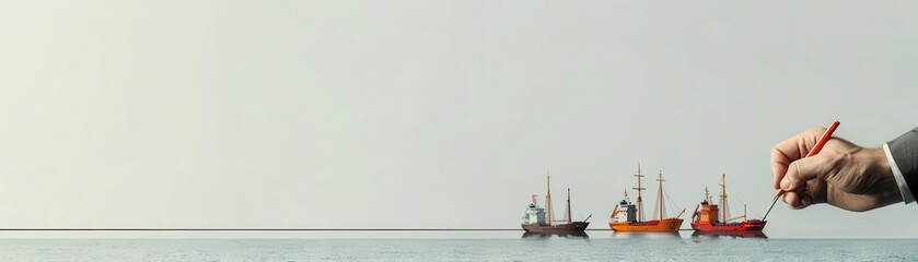 Hand drawing a border line across an open sea with ships waiting Trade Barriers symbolizing imposed limits on free trade