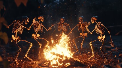 Fototapeta premium Skeletons dancing around a bonfire in a dark