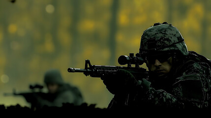 A Soldier in Camouflage Aims His Rifle with a Scope in a Green Forest with a Blurry Background