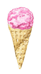 Pink ball ice cream in waffle cone isolated on white background. Watercolor hand drawn illustration