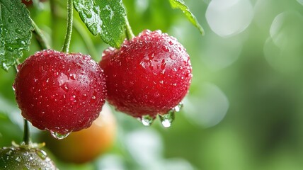 Obraz premium Fresh ripe red cherries with water drops on a branch. Summer fruits.