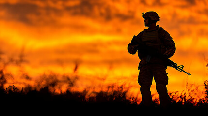 Obraz premium Silhouette of a Soldier Standing in a Field with a Fiery Sunset Sky as a Backdrop