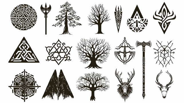 Collection of Black and White Vector Illustrations of Trees, Geometric Shapes, Weapons, and Animal Heads with a Celtic and Norse Theme