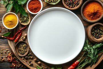 Spices and herbs on a wooden table with a copyspace blank plate