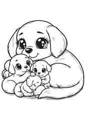 Children coloring page family dog sit together