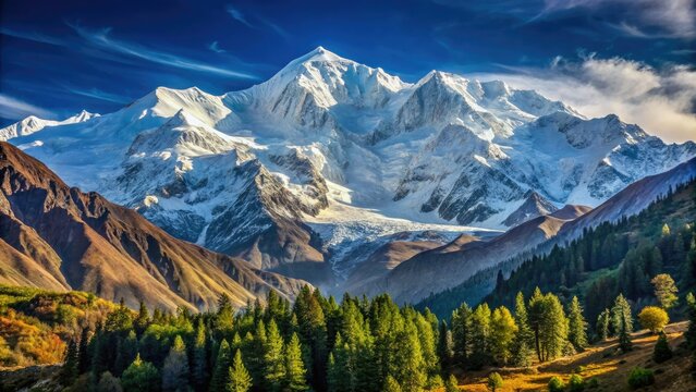 Snow-capped Nanga Parbat pierces the sky, its rugged peak shimmering like diamonds against a serene blue horizon, frozen in a timeless majesty.