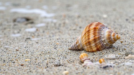 A beautiful shell image on a sandy beach. The shell has unique colors and patterns. It lies on the beach, surrounded by grains of sand