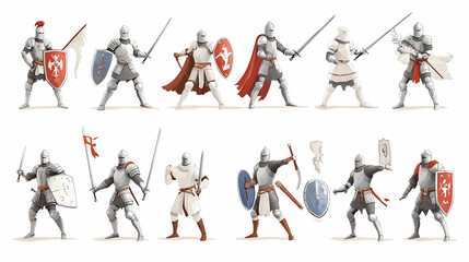 A Collection of 12 Detailed Illustrations of Medieval Knights in Various Poses, Holding Swords, Shields, and Flags, Set Against a White Background