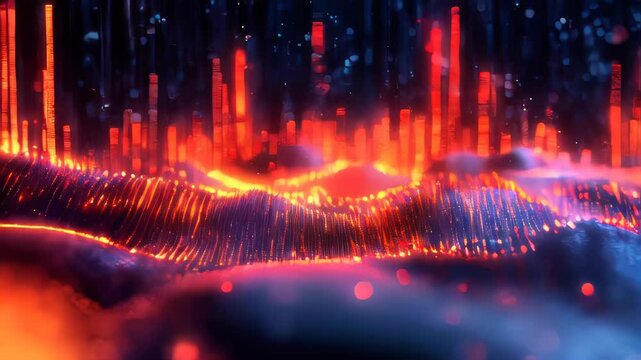 A vibrant and futuristic abstract image showing data points and stock market trading charts with glowing colors