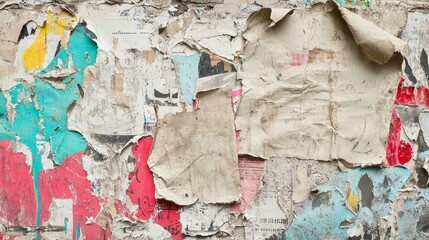 Naklejka premium Weathered wall with torn paper ads in red, yellow, blue, and pink hues, perfect for urban vintage designs
