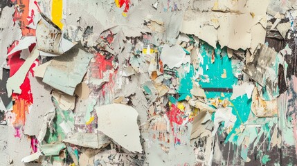 Collage of ripped street posters in an urban setting forms a colorful and textured background, capturing the essence of city life