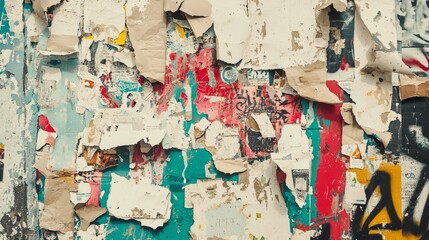 Fototapeta premium Peeling paint on city wall reveals layers of colorful old posters, creating abstract textured background full of history and character