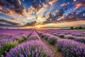Fototapeta premium Softly swaying lavender petals dance in the warm summer air, surrounded by a tapestry of purple hues, under a cloudless blue expanse.