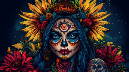 A Digital Illustration of a Woman with a Sugar Skull Makeup, Wearing a Crown of Feathers and Flowers, Looking at the Viewer