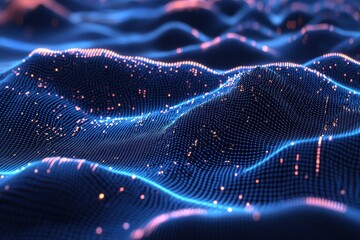 Futuristic digital landscape with glowing particle waves and connections