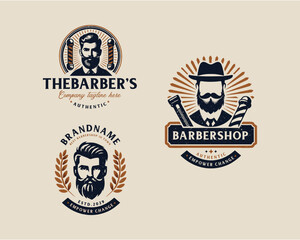 Obraz premium Set bundle vintage barbershop gentleman beard and mustache logo for business company 