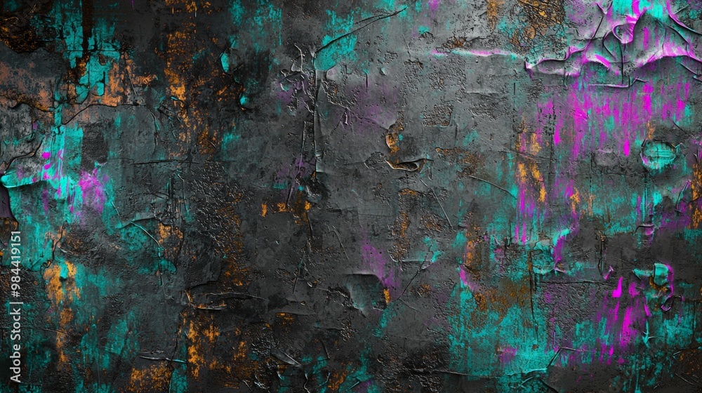 Wall mural rough textured grunge background in dark grey with teal, purple and orange paint splatters, creating