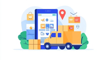 Fototapeta premium Software that helps online stores manage deliveries. This software can be integrated into an online store and has tools for tracking deliveries. The software also includes icons and illustrations.