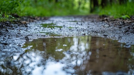Fototapeta premium The ground was wet with puddles after the morning rain.