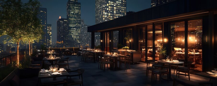 A dark charcoal exterior fine dining restaurant, offering a rooftop dining experience with views of the city skyline, specializing in contemporary cuisine