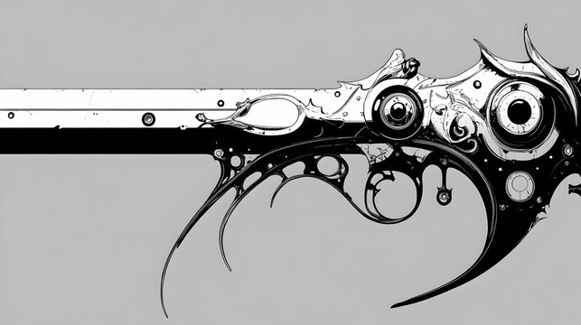 recommend clip art: A Detailed Illustration of a Futuristic, Ornate, and Steampunk-Inspired Weapon with Black and White Colors and a Gray Background