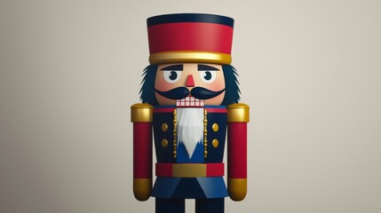 Festive toy soldier nutcracker in red, blue, and gold uniform evokes holiday cheer and childhood wonder, perfect for adding a merry vibe to any space. Ideal for greeting cards, banners, and ads