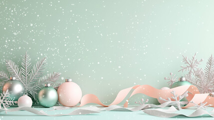 Festive winter scene with pastel Christmas ornaments, ribbons, and snowflakes on a mint green background