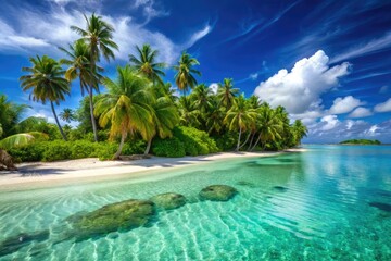 Obraz premium Surrounded by crystal-clear waters, soft white sandy beaches, and swaying palm trees, this tropical island paradise offers ultimate relaxation in a warm and inviting atmosphere.
