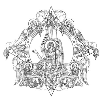 recommend clip art: Religious dome with an Angel apostles and angels in sky. Coloring page in Byzantine style