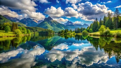 Fototapeta premium Surrounded by majestic mountains and lush greenery, a serene lake mirrors the brilliant blue sky, adorned with puffy white clouds drifting lazily across the horizon.