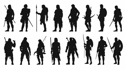 A Collection of Silhouettes Depicting Warriors with Various Weapons and Poses, Ready for Battle with a  White Background