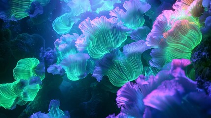 Group of jellyfish swimming underwater, with vibrant colors and bioluminescent patterns, creating a mesmerizing and surreal atmosphere