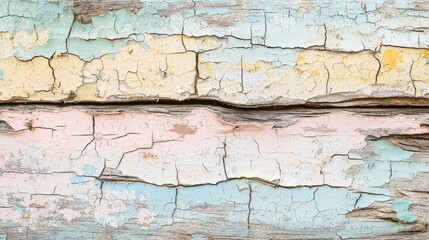 Obraz premium Close up of a vintage wooden wall with cracked and peeling paint, creating a rustic and textured background with pastel colors