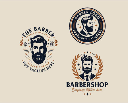 Set bundle vintage barbershop gentleman beard and mustache logo for business company
