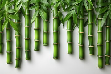 Fototapeta premium Green Bamboo Stalks and Leaves on Light Background - Nature, Calm, Zen, Asian Decor