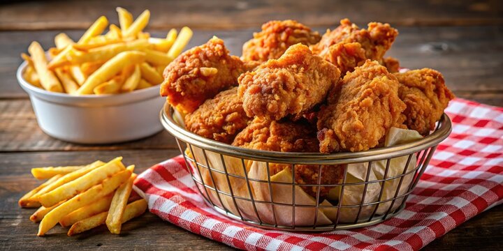 Tasty crispy fried chicken wings and golden french fries arrive in a classic diner basket setting.