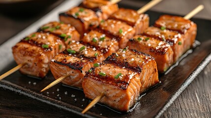 Grilled salmon belly fillets on skewers