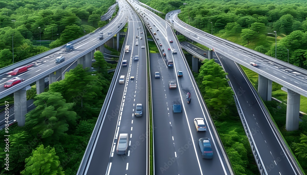 Wall mural aerial perspective of busy expressway showcasing essential road traffic infrastructure