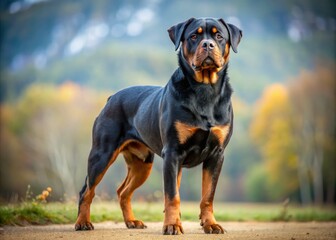 The Blue Rottweiler stands firm, its dark gaze piercing through the surroundings with a fierce determination, its muscular frame radiating confidence and unwavering vigilance.